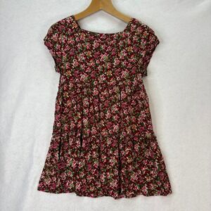 Natural Life Womens Sz XS/S Burgundy Pink Floral Print Mini Dress Boho Babydoll